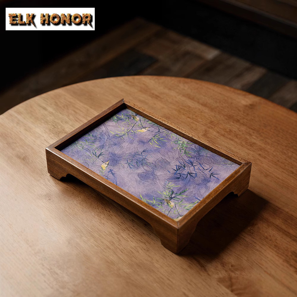 Wooden Serving Tray - Walnut Cloud Veil Flowers And Bamboo